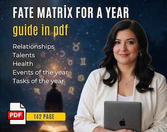 May include: Image features a woman holding a laptop with the Apple logo. Text overlay reads "FATE MATRIX FOR A YEAR guide in pdf" with topics like Relationships, Talents, and Health. A PDF icon and "142 PAGE" are also visible.