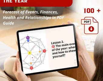 May include: A tablet displaying a geometric diagram with the text "MATRIX OF DESTINY FOR THE YEAR" and "Forecast of Events, Finances, Health and Relationships in PDF Guide." The screen also shows "Lesson 2." and a PDF download icon.