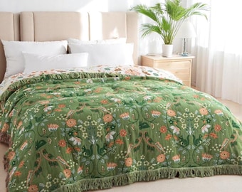 Green Boho Forest Animal Throw Blanket: 100% Cotton Reversible Bedspread