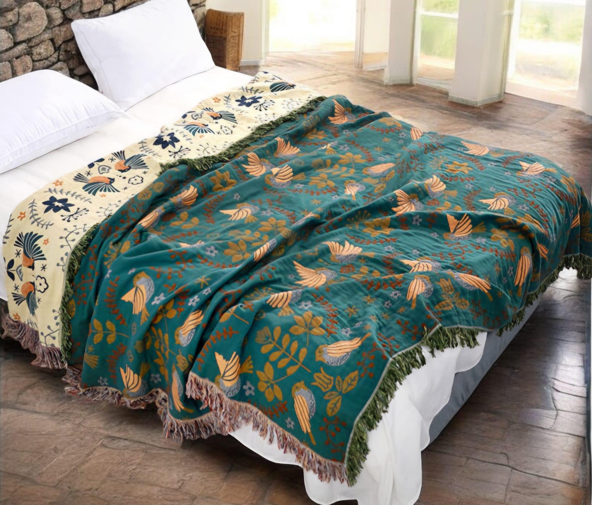 Pure Cotton Green Floral Blanket, Boho Throw, Reversible Bedspread, Fringed Sofa Cover, Forest Animal Design, Lightweight Summer Throw