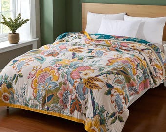 Floral Cotton Quilt Blanket: Reversible Bedspread Sofa Throw