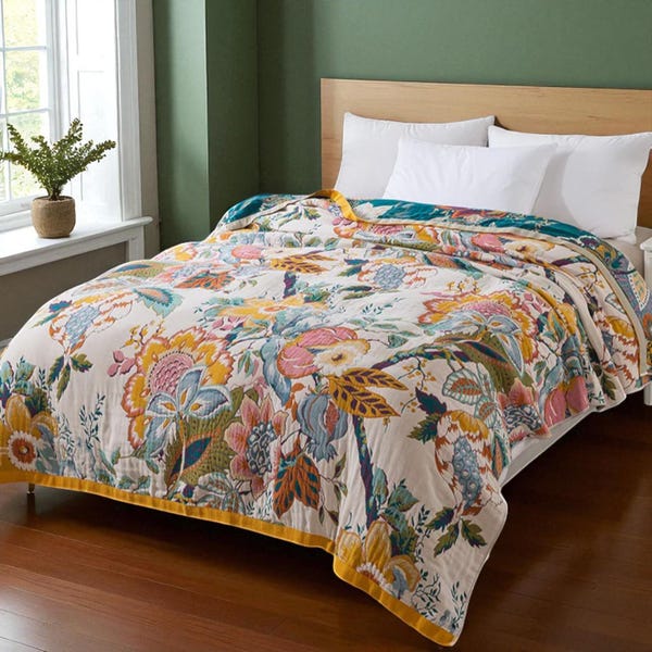 Manta de algodón floral: cubrecama reversible para sofá