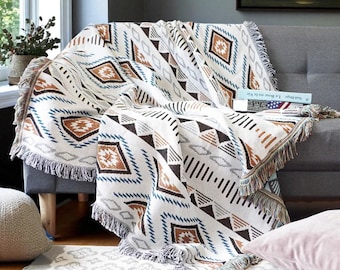 Plaid Reversible Blanket, Nordic Sofa Throw, Cotton Linen Striped Cover for Bed, Couch, or Table, Cozy Home Decoration