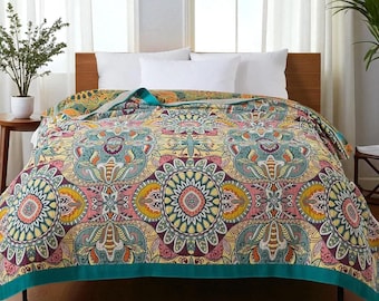 Boho Mandala Pure Cotton Gauze Bedspread, Reversible Floral Ethnic Summer Quilt, 4-Layer Cooling Blanket, Sofa Cover Bedspread