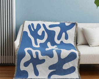 Woven Blue Coral Pattern Blanket with Fringe, Reversible Blue & White Coastal Home Decor, Modern minimalist design, Sofa cuddle chair throw
