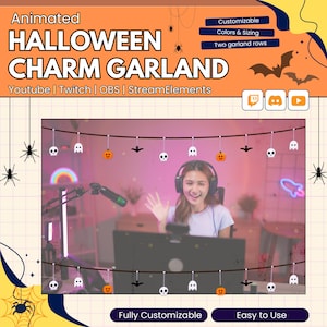Puede incluir: Una guirnalda animada de Halloween como superposición digital para plataformas de streaming, con dos filas de iconos colgantes que incluyen fantasmas, calabazas, calaveras y murciélagos, junto a etiquetas de YouTube, Twitch y OBS.