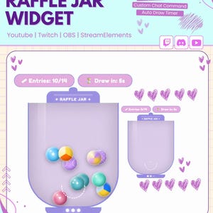 May include: A digital raffle jar widget interface in shades of purple and light blue. The display features text reading CUSTOMIZABLE RAFFLE JAR WIDGET, 3 Join Modes, Fully Customizable, Custom Chat Command, and Auto Draw Timer. It includes two jar graphics containing colorful spheres, entry counters, and timer displays, alongside icons for Twitch, Discord, and YouTube.