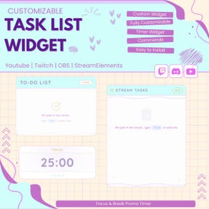 Könnte beinhalten: Anpassbares Task-Listen-Widget in Hellblau und Lila. Funktionen umfassen einen Timer, eine To-Do-Liste und Stream-Aufgaben. Kompatibel mit YouTube, Twitch, OBS und StreamElements. Enthält einen Fokus-Timer auf 25:00.
