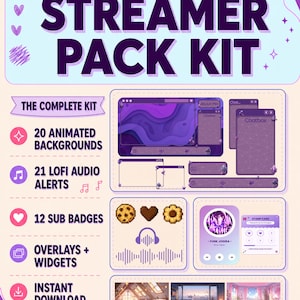 Paquete de transmisión Lofi animado Paquete de superposiciones moradas para Twitch con 20 fondos, widgets, alertas de audio e insignias de suscriptor para OBS y Streamlabs