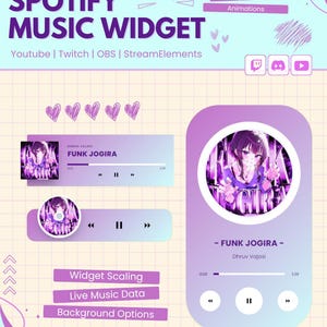 May include: A customizable Spotify music widget digital graphic featuring purple and light blue gradients on a grid background. It displays music player controls, song titles like Funk Jogira, and icons for YouTube, Twitch, and Discord.