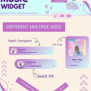 May include: A customizable music widget graphic with text that reads "Customizable Music Widget" and "Different Multiple Sizes." The graphic shows three different sizes of the music widget, including a compact, large, and pill shape. The widget displays the song "Paper Rings" by Taylor Swift.