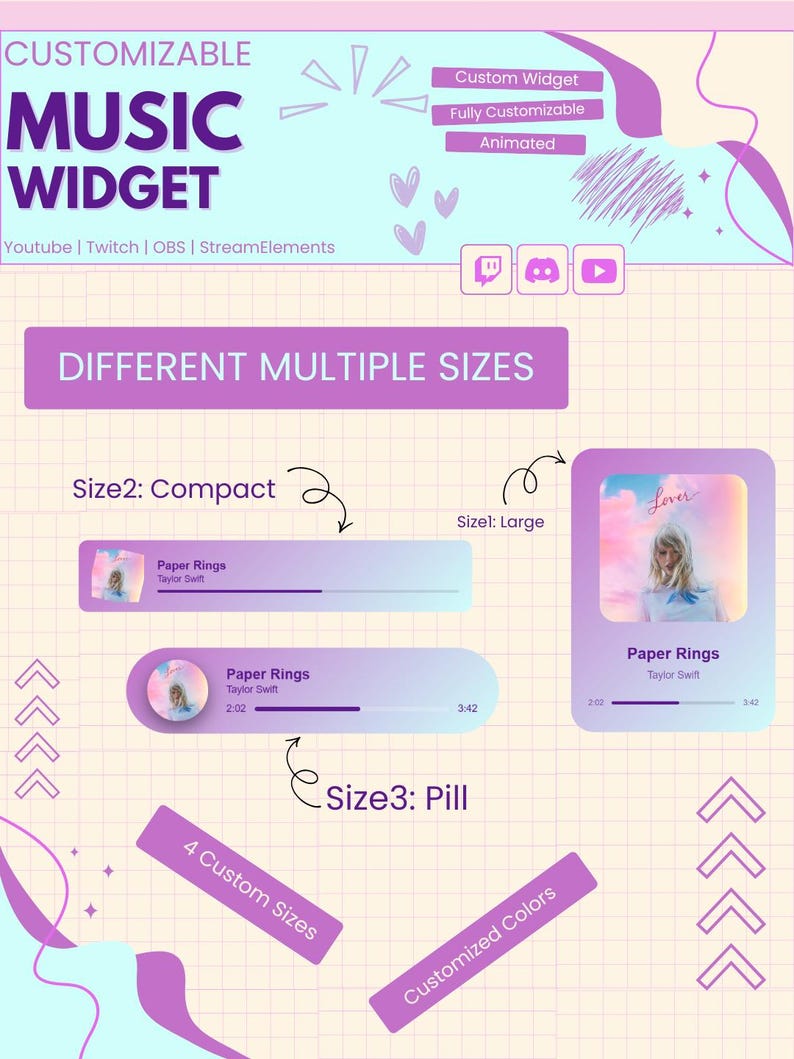 May include: A customizable music widget graphic with text that reads "Customizable Music Widget" and "Different Multiple Sizes." The graphic shows three different sizes of the music widget, including a compact, large, and pill shape. The widget displays the song "Paper Rings" by Taylor Swift.