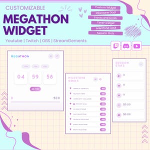 May include: A customizable Megathon widget interface with a timer, milestone goals, and session stats. The design features a light blue and purple color scheme, with icons for YouTube, Twitch, OBS, and StreamElements.