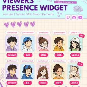 Animated Viewers Presence Twitch Widget Pack, Live Viewer Queue Overlay, StreamElements,  Follows/Subs/Cheers/Tips/Raids, Customizable