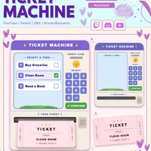 May include: A customizable ticket machine graphic with the text "CUSTOMIZABLE TICKET MACHINE" and social media icons. The design includes a task selection interface, a coin slot, and a ticket that reads "CLEAN ROOM".