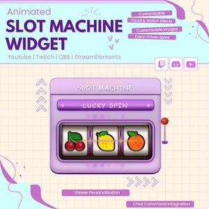 Puede incluir: Un widget de máquina tragamonedas animada púrpura con el texto "SLOT MACHINE WIDGET". La máquina tragamonedas tiene tres carretes con símbolos de frutas. La imagen también incluye el texto "Youtube | Twitch | OBS | StreamElements".