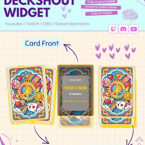 Pode incluir: Imagem promocional para um "DECKSHOUT WIDGET". O design apresenta um baralho de cartas com um design psicodélico colorido, incluindo um símbolo de paz, flores e naipes de cartas. O texto inclui "TEST USER" e "12 Raiders".