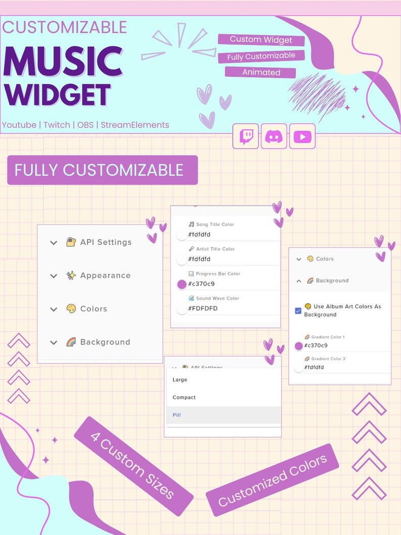 May include: A customizable music widget graphic with text that reads "CUSTOMIZABLE MUSIC WIDGET" and "FULLY CUSTOMIZABLE". The graphic includes options for API settings, appearance, colors, and background. It also features four custom sizes and customized colors.