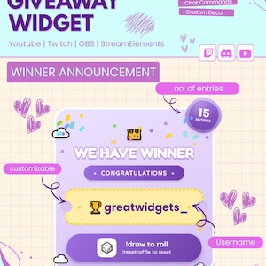 May include: A customisable giveaway widget for streaming platforms featuring a purple and light blue interface. The display shows text including CUSTOMISABLE GIVEAWAY WIDGET, WINNER ANNOUNCEMENT, WE HAVE WINNER, CONGRATULATIONS, greatwidgets_, and !draw to roll.