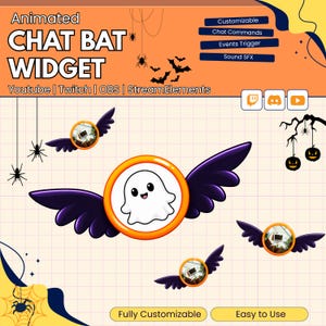 May include: Animated chat bat widget for YouTube, Twitch, OBS, and StreamElements featuring a central orange-rimmed circular icon with a white ghost and dark purple wings. The graphic includes spider and pumpkin illustrations on a grid background.