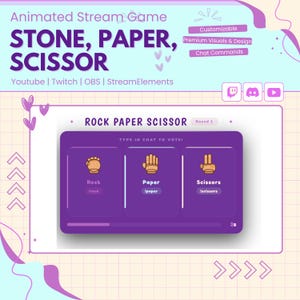 May include: A digital graphic for an animated Stone, Paper, Scissors game, with a purple and white color scheme. The game interface includes options for Rock, Paper, and Scissors, with text prompts for voting. The design is for use on YouTube, Twitch, and OBS.