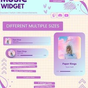 May include: A customizable music widget graphic with the text "CUSTOMIZABLE MUSIC WIDGET" and the platforms Youtube, Twitch, OBS, and StreamElements. The graphic shows different sizes, animated effects, and full customization options.