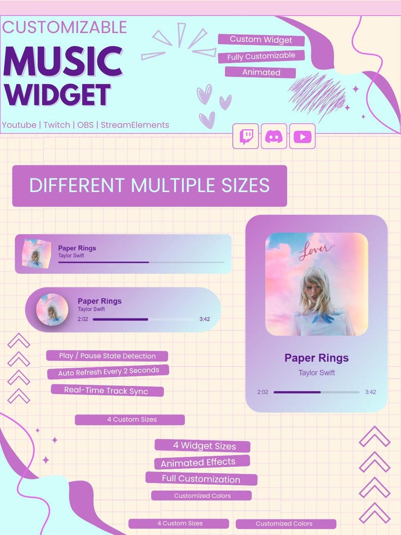 May include: A customizable music widget graphic with the text "CUSTOMIZABLE MUSIC WIDGET" and the platforms Youtube, Twitch, OBS, and StreamElements. The graphic shows different sizes, animated effects, and full customization options.