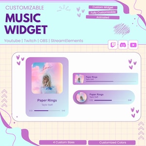May include: A music widget design in purple and light blue, displaying a song title, artist, and progress bar. The design includes the text "CUSTOMIZABLE MUSIC WIDGET" and social media icons for platforms like YouTube and Twitch.