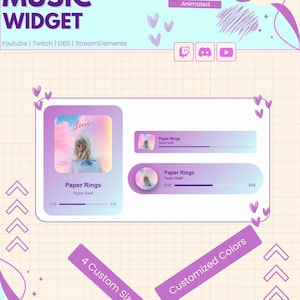Pode incluir: Um design de widget de música personalizável em azul claro e roxo. O widget mostra a música "Paper Rings" de Taylor Swift. O texto inclui "Custom Widget", "Totalmente personalizável" e "Animado".