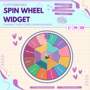 May include: A customizable spin wheel widget graphic with a purple, blue, and yellow color scheme. The wheel has 12 segments with text labels. The image includes the text "Customizable Spin Wheel Widget" and social media icons.