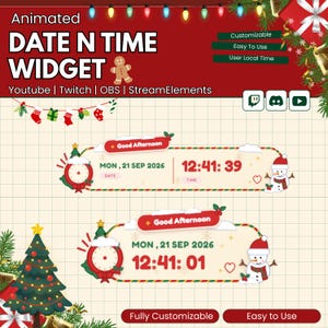 Sovrapposizione video natalizia, widget data e orologio per Twitch, decorazione per streaming StreamElements con pupazzo di neve e scena invernale, grafica natalizia