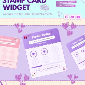 Könnte beinhalten: Ein digitales Stempelkarten-Widget für Streaming-Plattformen in Lila- und Rosatönen mit Herz-Symbolen. Die Benutzeroberfläche zeigt Text, darunter Customizable Stamp Card Widget, Custom Widget, Cooldown System und Chat Commands.
