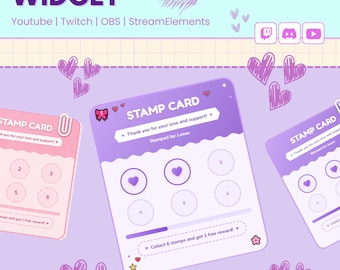 May include: A digital stamp card widget for streaming platforms featuring a purple and pink color scheme with heart icons. The interface displays text including Customizable Stamp Card Widget, Custom Widget, Cooldown System, and Chat Commands.