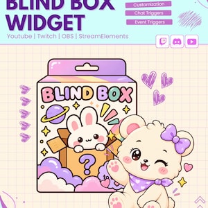 May include: A digital graphic for a customisable blind box widget featuring the text "BLIND BOX WIDGET" and "Animations, Customisation, Chat Triggers, Event Triggers." The design includes a cartoon rabbit in a box and a bear with a purple bow.