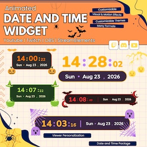 May include: An animated date and time widget for YouTube, Twitch, OBS, and StreamElements featuring Halloween-themed graphics like bats, spiders, ghosts, and pumpkins. The display includes multiple digital clock designs with customizable themes.