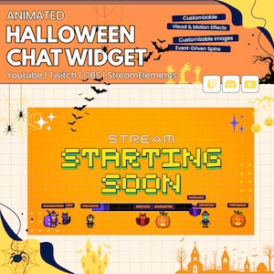 Könnte beinhalten: Ein animiertes Halloween-Chat-Widget für Streaming-Plattformen mit orangefarbenen und schwarzen Grafiken, Spinnweben, Fledermäusen und dem verpixelten Text "STREAM STARTING SOON", ergänzt durch verschiedene kleine Charakter-Icons.