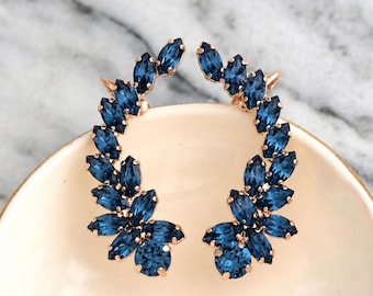 Blue Navy Climbing Earrings, Sapphire Blue Bridal Crystal Ear Crawler Earrings, Bridal Dark Blue Climber Crystal Earrings, Wedding Jewelry