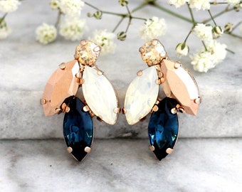 Blue Navy Crystal Stud Earrings, Bridal Navy Blue Earrings Earrings, Bridesmaids Blue Earrings, Bridal Blue Gold Earrings,Gift For Her