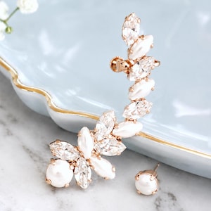 Ear Climber Earrings, Ear cuff Pearl Earrings, Pearl Crystal Earrings, Pearl Ear Cuff Earrings, Crystal Ear Crawler, Pearl Bridal Earrings