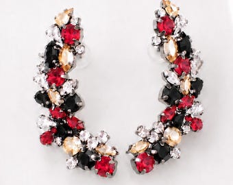 Red Black Climbing Earrings, Black Gold Ear Climber Crawler Earrings, Crystal Statement Ear Cuff, Christmas Gift for Her, Evening Earrings
