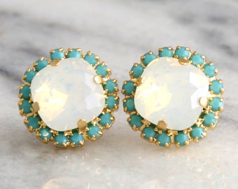 Opal Stud Earrings, Bridal Opal Crystal Earrings, Turquoise White Opal Studs, Bridesmaids Earrings, Gift For Her, White Opal Crystal Studs