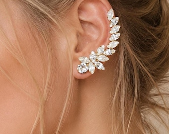 Orecchini ear cuff, orecchini ear cuff rampicanti in opale bianco, orecchini ear cuff rampicanti in cristallo opale bianco da sposa, orecchini da sposa in cristallo opale da sposa.
