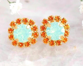 Green Orange Stud Earrings, Green Coral Stud Earrings, Green Sage Stud Crystal Earrings, Bridesmaids Earrings, Gift For Her, Mint Earrings