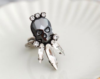 Skull Ring, Skull Gothic Black Silver Ring, Crystal Skull Ring, Gift For Her, Crystal Ring, Sugar Skull Ring, Gothic Silver Adjustable Ring.