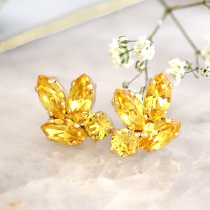 Yellow Stud Earrings, Bridesmaids Yellow Earrings, Crystal Yellow Earrings, Bridal Yellow Earrings, Bridal Yellow Cluster Studs Earrings