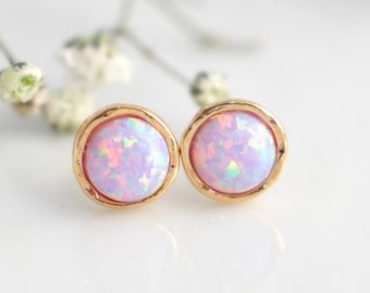 Opal Earrings, Purple Opal stud earrings, Light Purple Opal Studs, Gold Lab Opal earrings, a Gift for a woman, October Birth Stone Gift