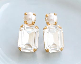 Bridal Classic Crystal Earrings, Pearl Crystal Stud Earrings, Emerald Cut Crystal Pearl Stud Earrings, Bridesmaids Earrings, Gift For Her