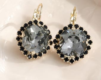 Gray Black Drop Earrings, Gray Bridal Lever Back Embellished  Swarovski Crystal Earrings, Black Gray Wedding Jewelry, Light Gray Earrings