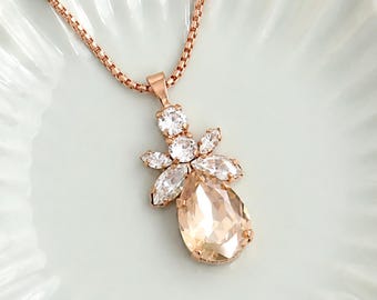 Chamagne Golden Crystal Necklace, Bridal Champagne Crystal Necklace, Bridal Wedding Crystal Necklace,  Embellished Swarovski Bridal Necklace