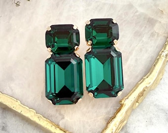 Emerald Green Crystal Stud Earrings, Swarovski Embellished Emerald Green, Emerald Cut Earrings, Bridal Dark Green Earrings, Gift for Her